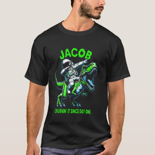 Jacob Crushin' It Since Day One Astronaut Dinosaur T-shirt (Voorkant)
