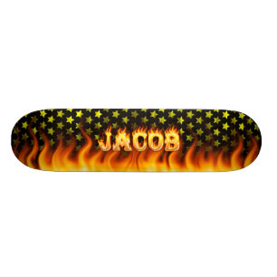 Jacob skateboard brand en vlammenontwerp.