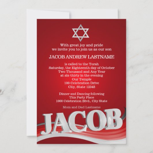 Jacob Steel Wave Red Bar Mitzvah Kaart (Voorkant)