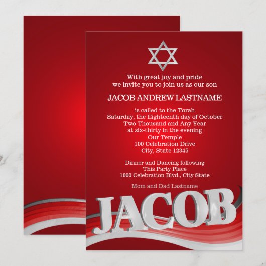 Jacob Steel Wave Red Bar Mitzvah Kaart (Voorkant / Achterkant)