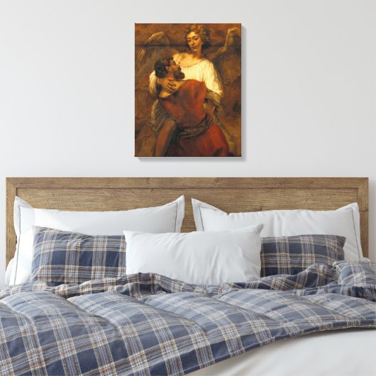 Jacob Wrestling met de Engel - Rembrandt - c1659 Canvas Afdruk (Insitu (Slaapkamer))