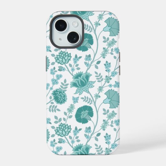 Jacobeaanse bloemgroot patroon teals op wit iPhone 15 case (Achterkant)