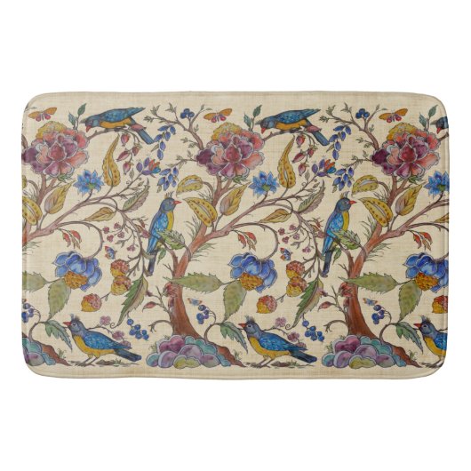 Jacobean Bird Floral Chinoiserie Tan Linen Look Badmat (Voorkant)