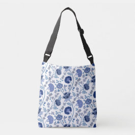 Jacobean Bloemen Grote Patroon Blauw op Wit Crossbody Tas