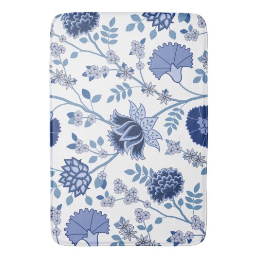 Jacobean Bloemen LG Patroon Blauw op Wit Badmat (Voorkant Verticaal)