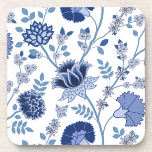 Jacobean Bloemen LG Patroon Blauw op Wit Bier Onderzetter