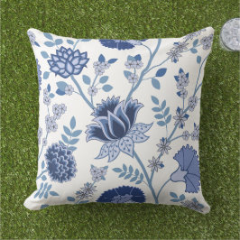 Jacobean Bloemen LG Patroon Blauw op Wit Buitenkussen