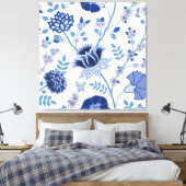 Jacobean Bloemen LG Patroon Blauw op Wit Canvas Afdruk (Insitu (Slaapkamer))