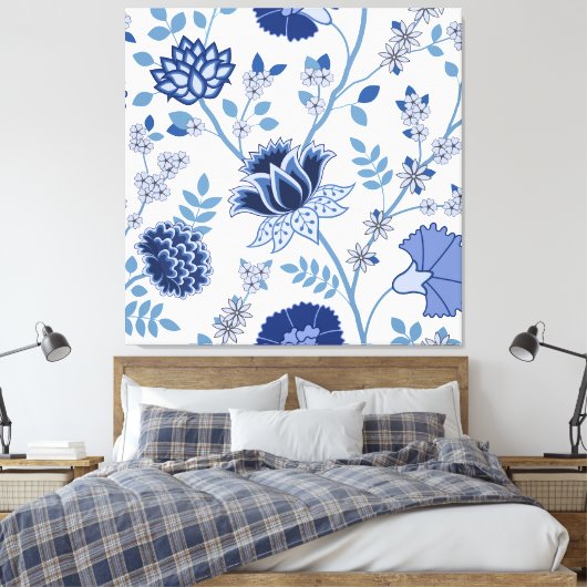 Jacobean Bloemen LG Patroon Blauw op Wit Canvas Afdruk (Insitu (Slaapkamer))