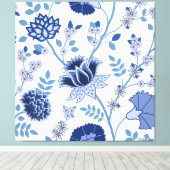 Jacobean Bloemen LG Patroon Blauw op Wit Canvas Afdruk (Insitu (Houten vloer))