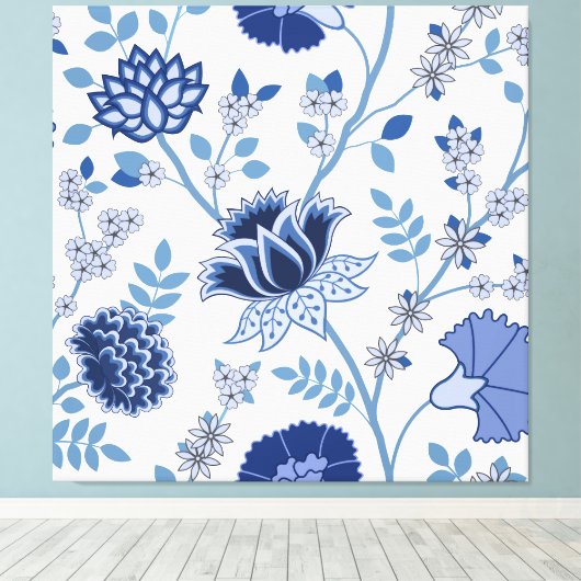 Jacobean Bloemen LG Patroon Blauw op Wit Canvas Afdruk (Insitu (Houten vloer))