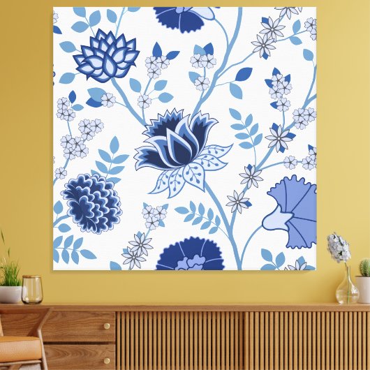 Jacobean Bloemen LG Patroon Blauw op Wit Canvas Afdruk (Insitu (Woonkamer))
