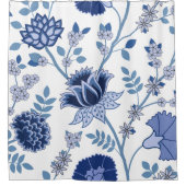 Jacobean Bloemen LG Patroon Blauw op Wit Douchegordijn (Voorkant)