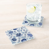 Jacobean Bloemen LG Patroon Blauw op Wit Glazen Onderzetter (Schuin)