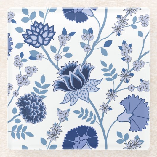 Jacobean Bloemen LG Patroon Blauw op Wit Glazen Onderzetter (Voorkant)