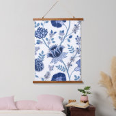 Jacobean Bloemen LG Patroon Blauw op Wit Hangend Wandkleed (Slaapkamer)