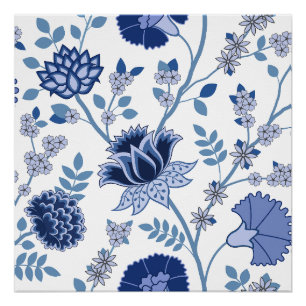 Jacobean Bloemen LG Patroon Blauw op Wit Perfect Poster