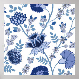 Jacobean Bloemen LG Patroon Blauw op Wit Poster
