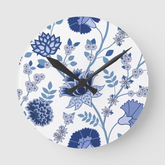 Jacobean Bloemen LG Patroon Blauw op Wit Ronde Klok (Voorkant)