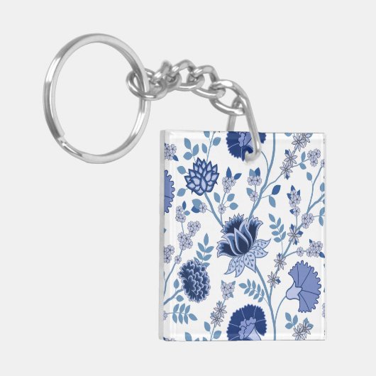 Jacobean Bloemen LG Patroon Blauw op Wit Sleutelhanger (Voorkant Links)