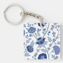 Jacobean Bloemen LG Patroon Blauw op Wit Sleutelhanger