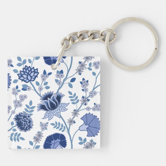 Jacobean Bloemen LG Patroon Blauw op Wit Sleutelhanger (Achterkant)