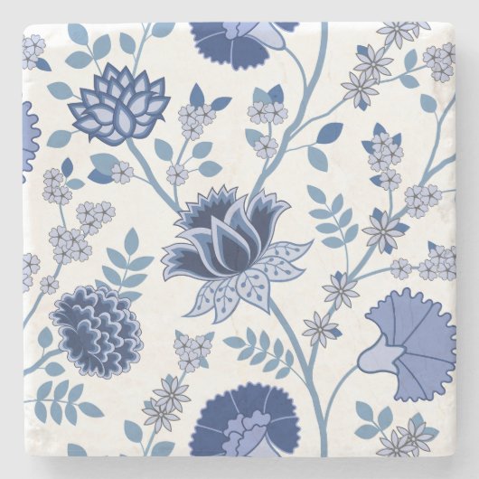 Jacobean Bloemen LG Patroon Blauw op Wit Stenen Onderzetter (Voorkant)