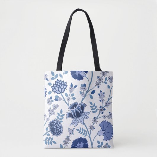 Jacobean Bloemen LG Patroon Blauw op Wit Tote Bag (Voorkant)