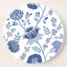 Jacobean Bloemen LG Patroon Blauw op Wit Zandsteen Onderzetter