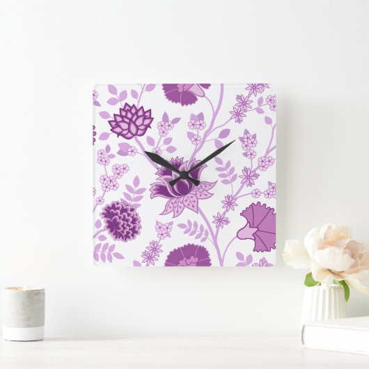 Jacobean Bloemen LG Patroon Pinks op Wit Vierkante Klok (Huis)