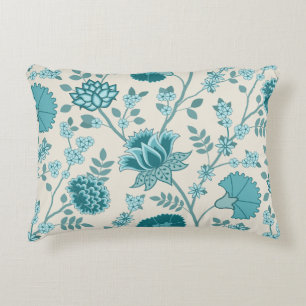 Jacobean Bloemen LG Patroon Teals op Cream Accent Kussen