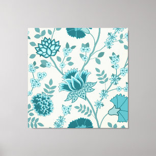 Jacobean Bloemen LG Patroon Teals op Cream Canvas Afdruk