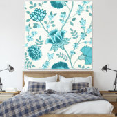 Jacobean Bloemen LG Patroon Teals op Cream Canvas Afdruk (Insitu (Slaapkamer))