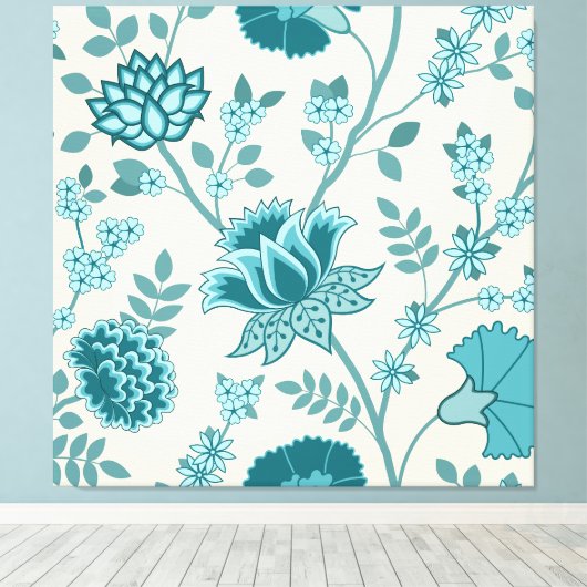 Jacobean Bloemen LG Patroon Teals op Cream Canvas Afdruk (Insitu (Houten vloer))