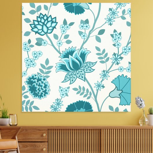 Jacobean Bloemen LG Patroon Teals op Cream Canvas Afdruk (Insitu (Woonkamer))