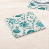 Jacobean Bloemen LG Patroon Teals op Cream Kartonnen Onderzetters (Schuin)