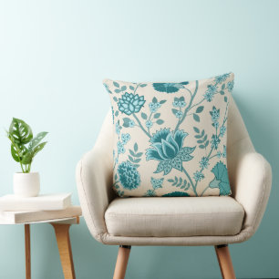 Jacobean Bloemen LG Patroon Teals op Cream Kussen