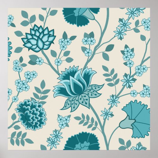 Jacobean Bloemen LG Patroon Teals op Cream Poster (Voorkant)