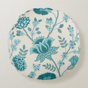 Jacobean Bloemen LG Patroon Teals op Cream Rond Kussen