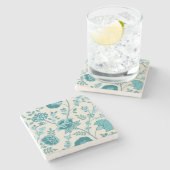 Jacobean Bloemen LG Patroon Teals op Cream Stenen Onderzetter (Zijkant)