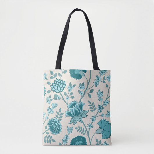 Jacobean Bloemen LG Patroon Teals op Cream Tote Bag (Voorkant)