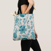 Jacobean Bloemen LG Patroon Teals op Cream Tote Bag (Dichtbij)
