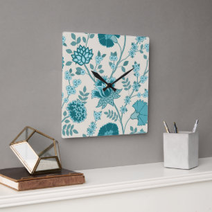Jacobean Bloemen LG Patroon Teals op Cream Vierkante Klok