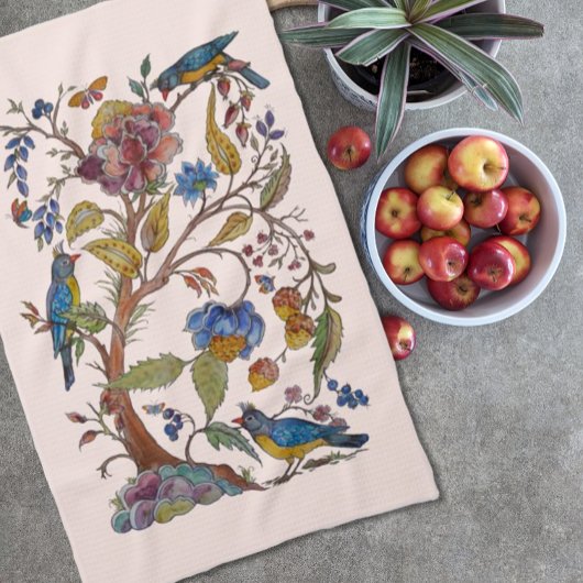 Jacobean Blush Pink Bird Floral Folk  Theedoek