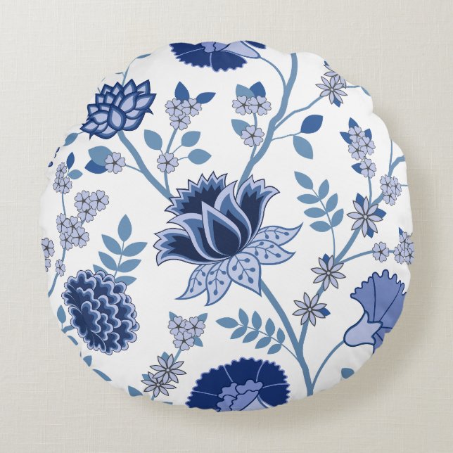 Jacobean Floral 2Way Pattern Blues on White Rond Kussen (Voorkant)