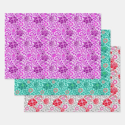 Jacobean Floral Behang, Paarse Turquoise & Grijs Inpakpapier Vel (Set)