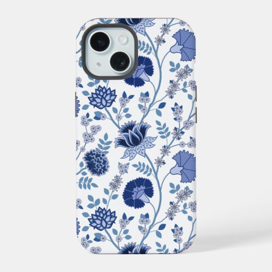 Jacobean Floral Big Pattern Blues op wit iPhone 15 Case (Achterkant)