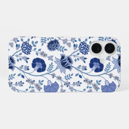 Jacobean Floral Big Pattern Blues op wit iPhone 16 Hoesje (Achterkant horizontaal)