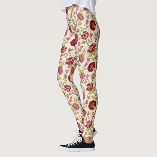 Jacobean Floral Big Pattern Reds Pinks Gold Cream Leggings (Links)