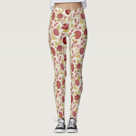 Jacobean Floral Big Pattern Reds Pinks Gold Cream Leggings